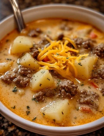 Bowl of easy cheesy hamburger potato soup topped with cheese and herbs