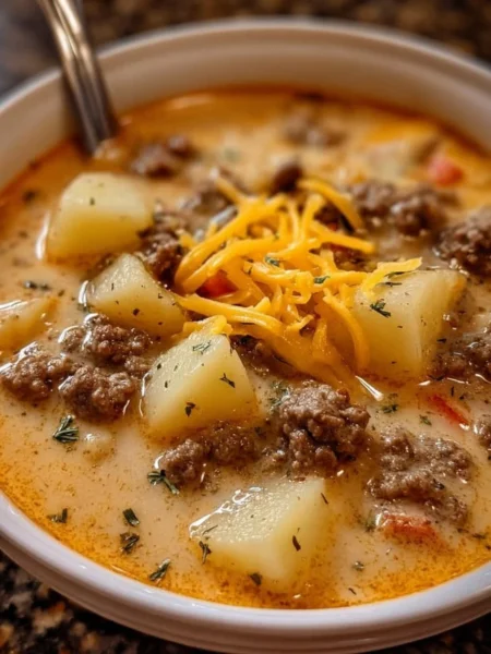 Bowl of easy cheesy hamburger potato soup topped with cheese and herbs