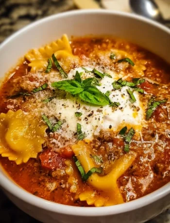 Bowl of easy creamy lasagna soup topped with cheese and herbs.