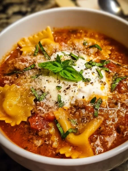 Bowl of easy creamy lasagna soup topped with cheese and herbs.