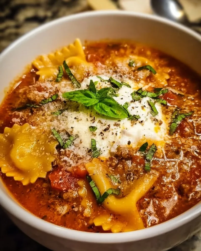 Bowl of easy creamy lasagna soup topped with cheese and herbs.