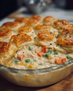 Delicious easy homemade chicken pot pie casserole topped with golden crust.