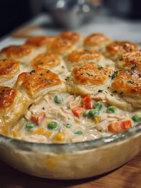 Delicious easy homemade chicken pot pie casserole topped with golden crust.