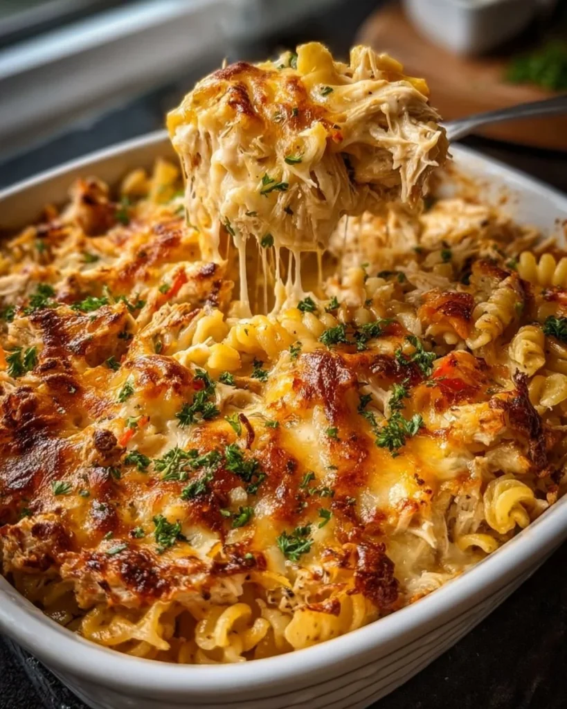 Delicious Easy Rotisserie Chicken Casserole topped with cheese and herbs