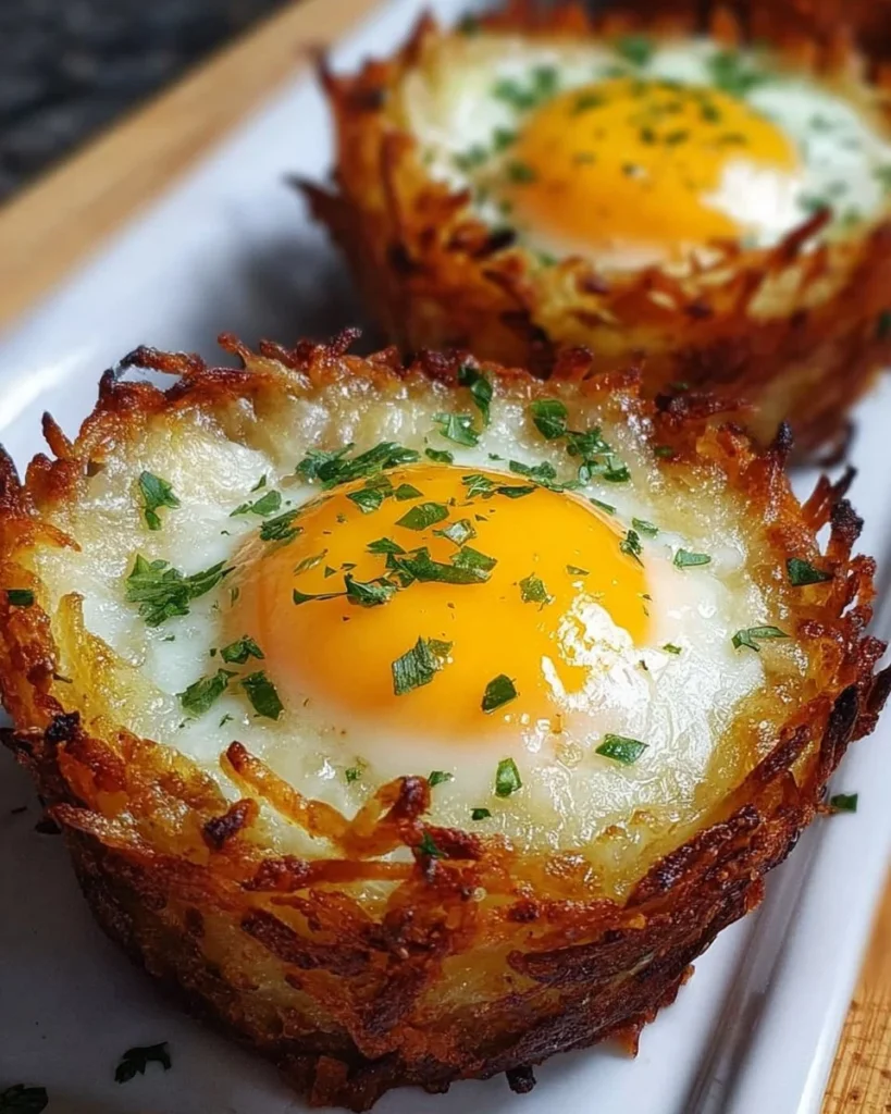 Eggs served in crispy hash brown baskets for a tasty breakfast.