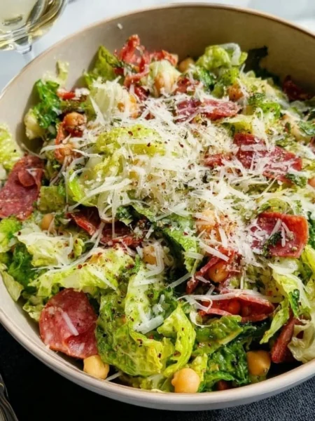 Delicious La Scala Chopped Salad served in a bowl, featuring fresh vegetables and flavorful ingredients.