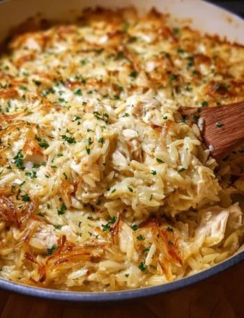 Delicious French Onion Chicken Orzo Casserole with melted cheese
