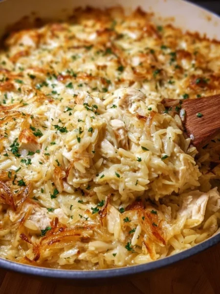 Delicious French Onion Chicken Orzo Casserole with melted cheese