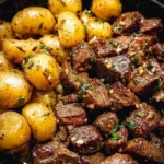 Delicious Garlic Butter Beef Bites served with seasoned potatoes on a plate.