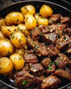 Delicious Garlic Butter Beef Bites served with seasoned potatoes on a plate.