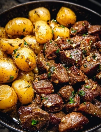 Delicious Garlic Butter Beef Bites served with seasoned potatoes on a plate.