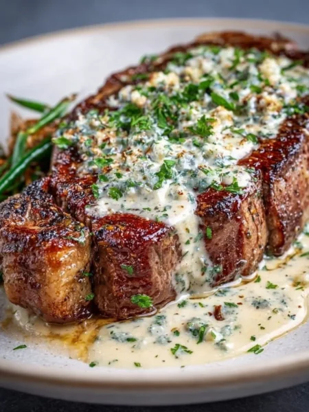 Garlic Butter Steak with Parmesan Cream Sauce on a plate