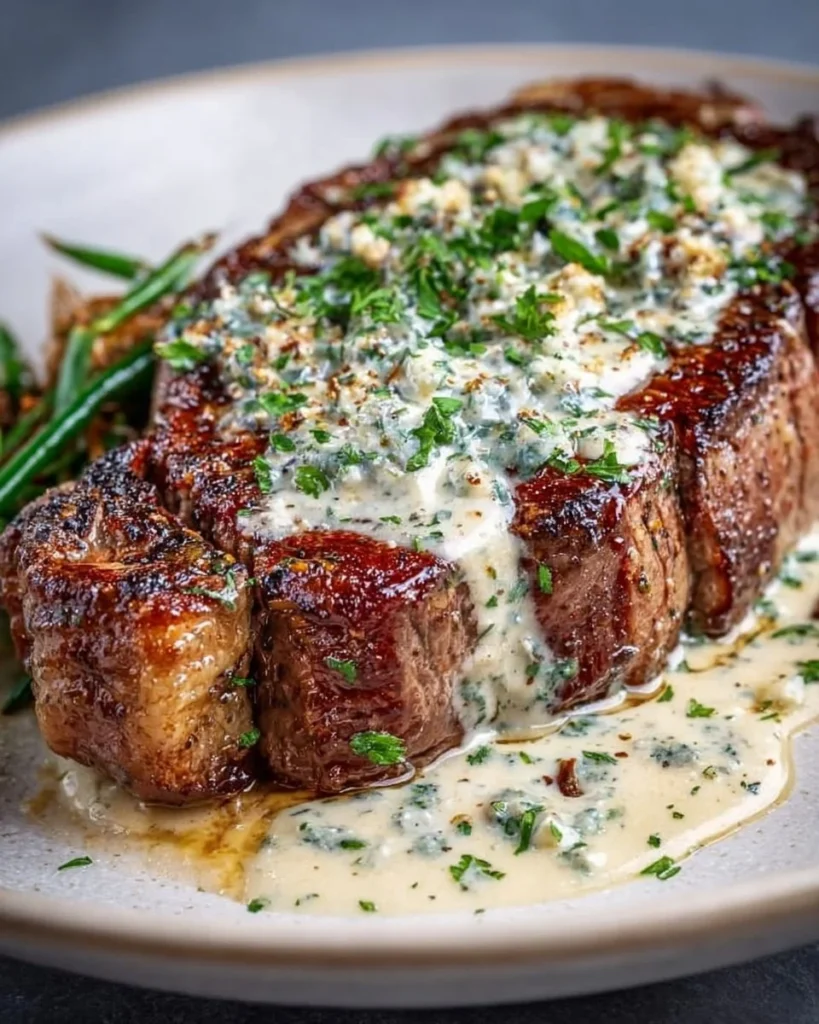 Garlic Butter Steak with Parmesan Cream Sauce on a plate