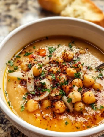 Bowl of homemade Garlic Chickpea Soup garnished with herbs and spices