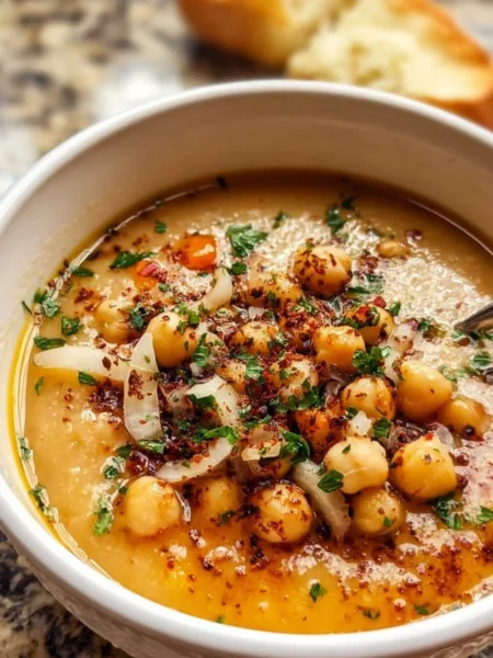 Bowl of homemade Garlic Chickpea Soup garnished with herbs and spices