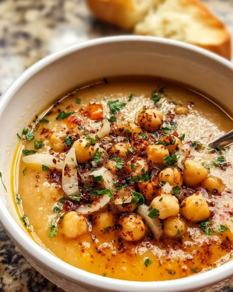 Bowl of homemade Garlic Chickpea Soup garnished with herbs and spices