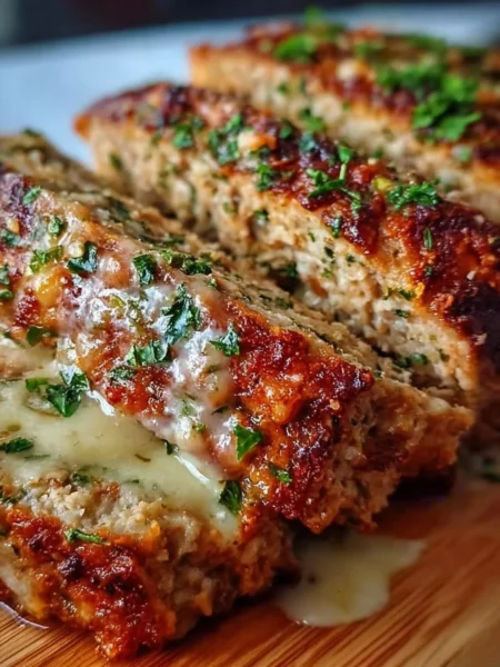 Garlic Parmesan Chicken Meatloaf served with herbs and cheese topping