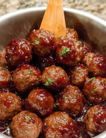 Delicious grape jelly meatballs served in a bowl with a garnish.
