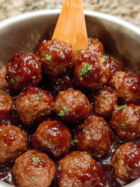Delicious grape jelly meatballs served in a bowl with a garnish.