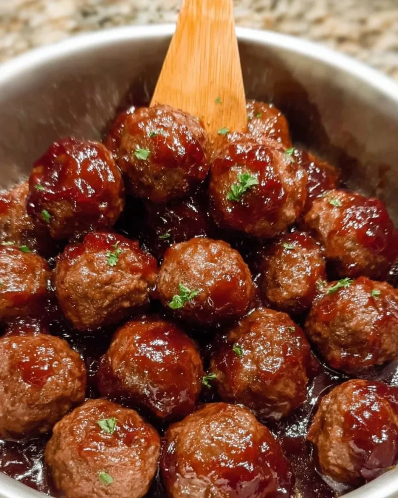 Delicious grape jelly meatballs served in a bowl with a garnish.