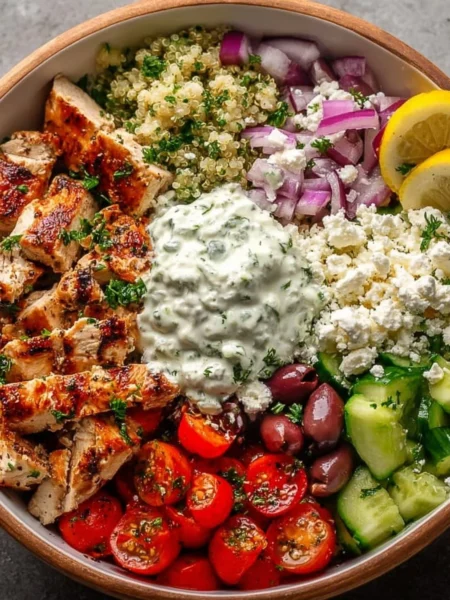 Delicious Greek chicken bowl with fresh vegetables and herbs