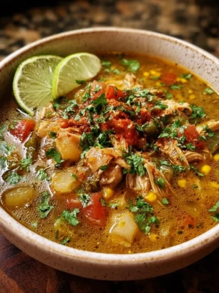 Bowl of Green Chile Chicken Stew with fresh ingredients and spices