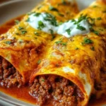 Delicious ground beef enchiladas topped with cheese and sauce, served on a plate