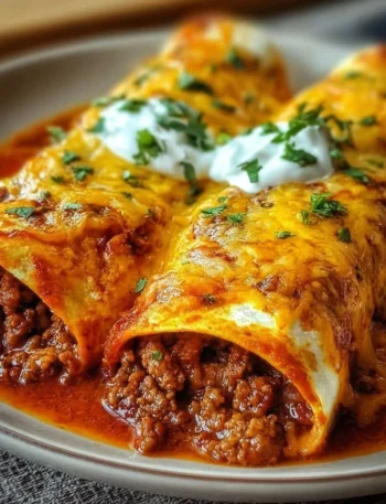 Delicious ground beef enchiladas topped with cheese and sauce, served on a plate