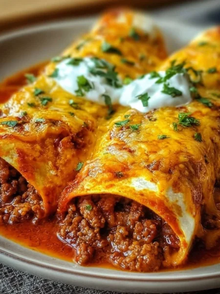 Delicious ground beef enchiladas topped with cheese and sauce, served on a plate