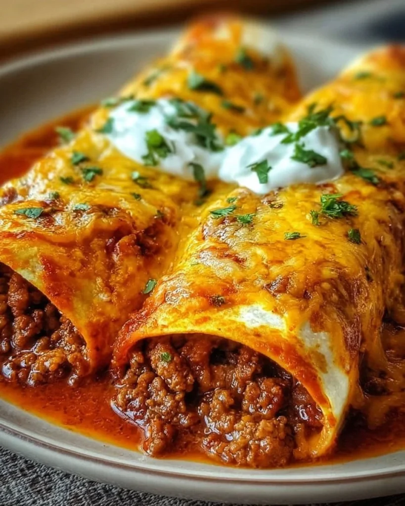 Delicious ground beef enchiladas topped with cheese and sauce, served on a plate