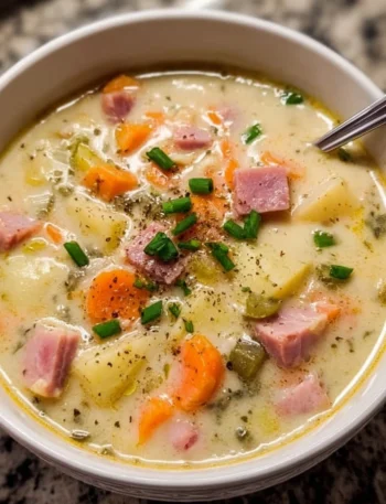 Delicious bowl of Ham and Potato Soup with chunks of ham and potato