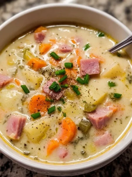 Delicious bowl of Ham and Potato Soup with chunks of ham and potato