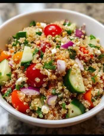 Healthy quinoa salad with colorful vegetables and dressing