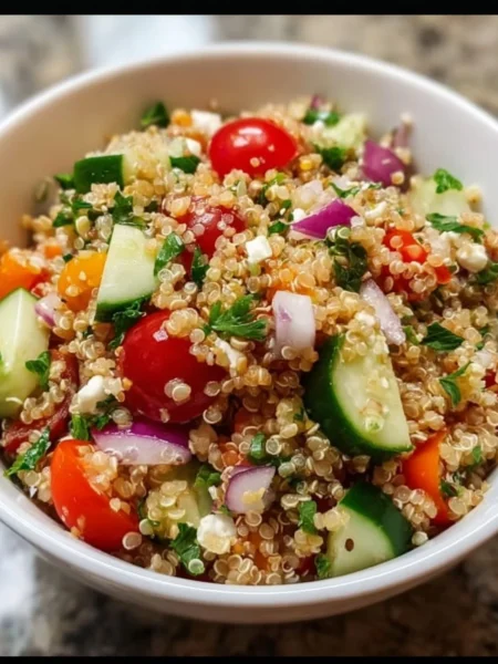 Healthy quinoa salad with colorful vegetables and dressing
