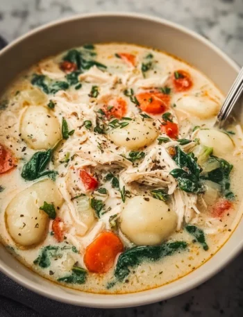Bowl of healthy rotisserie chicken gnocchi soup garnished with herbs.