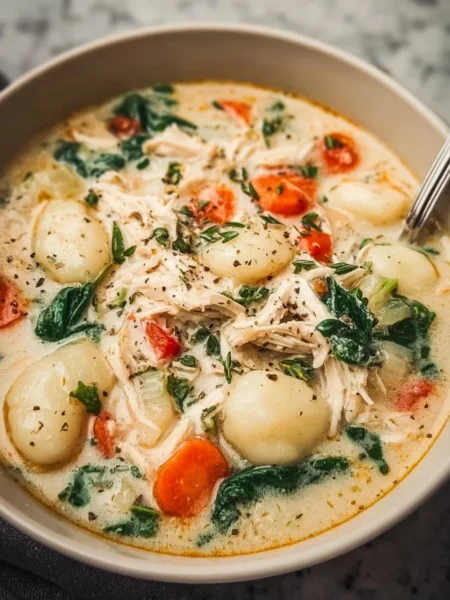 Bowl of healthy rotisserie chicken gnocchi soup garnished with herbs.