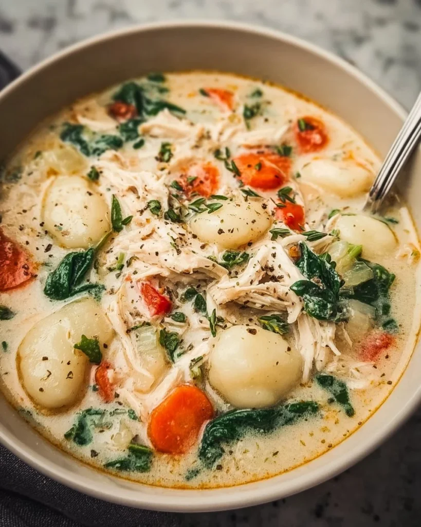 Bowl of healthy rotisserie chicken gnocchi soup garnished with herbs.