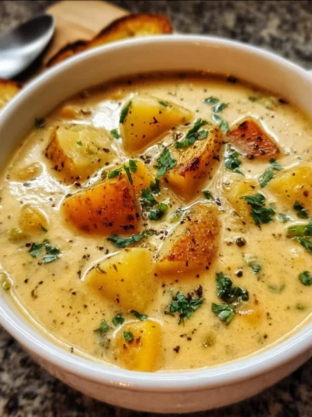 Hearty cheddar garlic herb potato soup garnished with herbs in a bowl