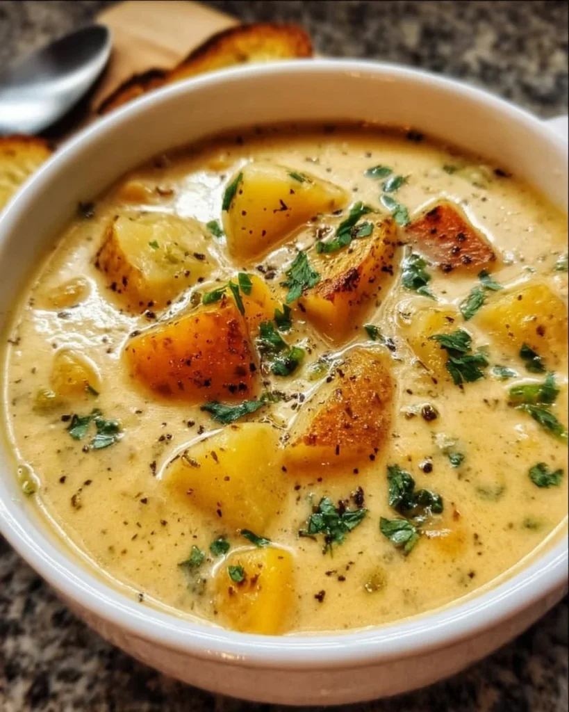 Hearty cheddar garlic herb potato soup garnished with herbs in a bowl