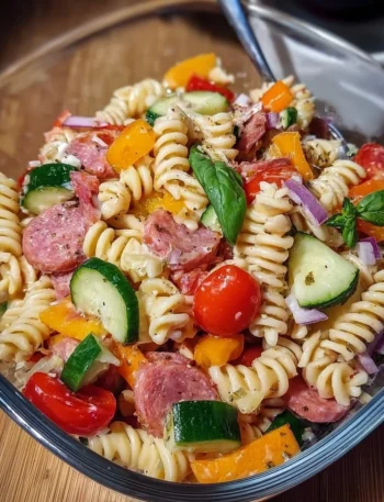 High Protein Italian Pasta Salad with fresh vegetables and herbs