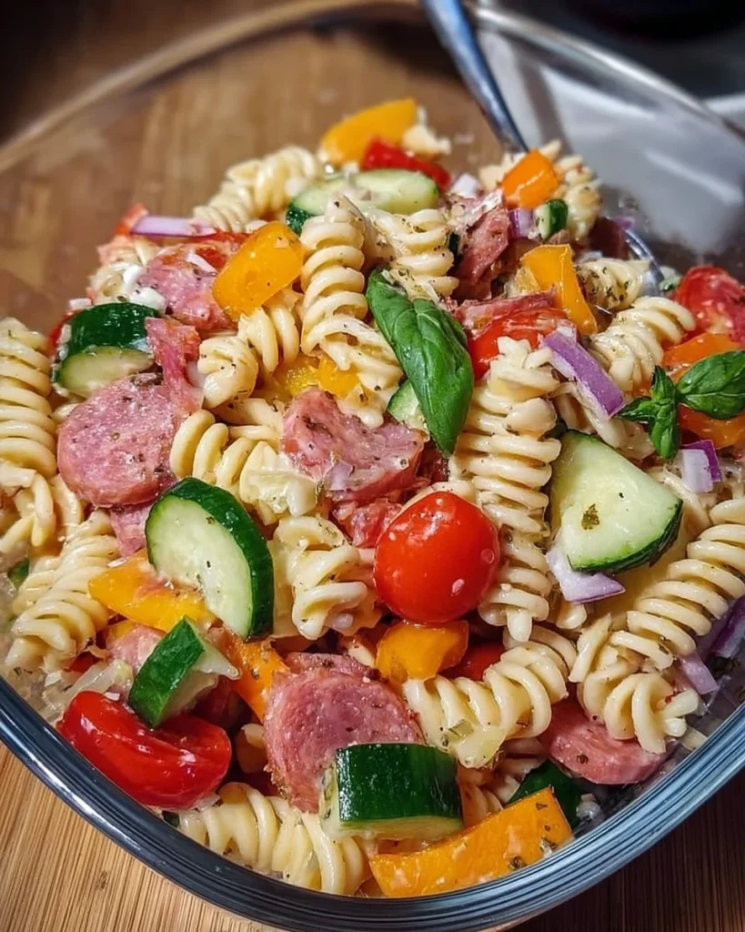 High Protein Italian Pasta Salad with fresh vegetables and herbs