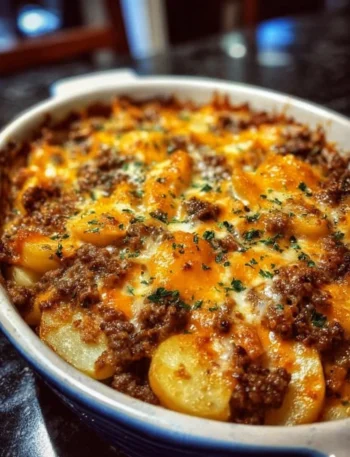Delicious Hobo Casserole with beef, veggies, and cheese in a baking dish.