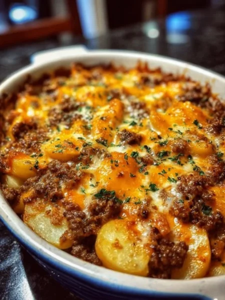 Delicious Hobo Casserole with beef, veggies, and cheese in a baking dish.