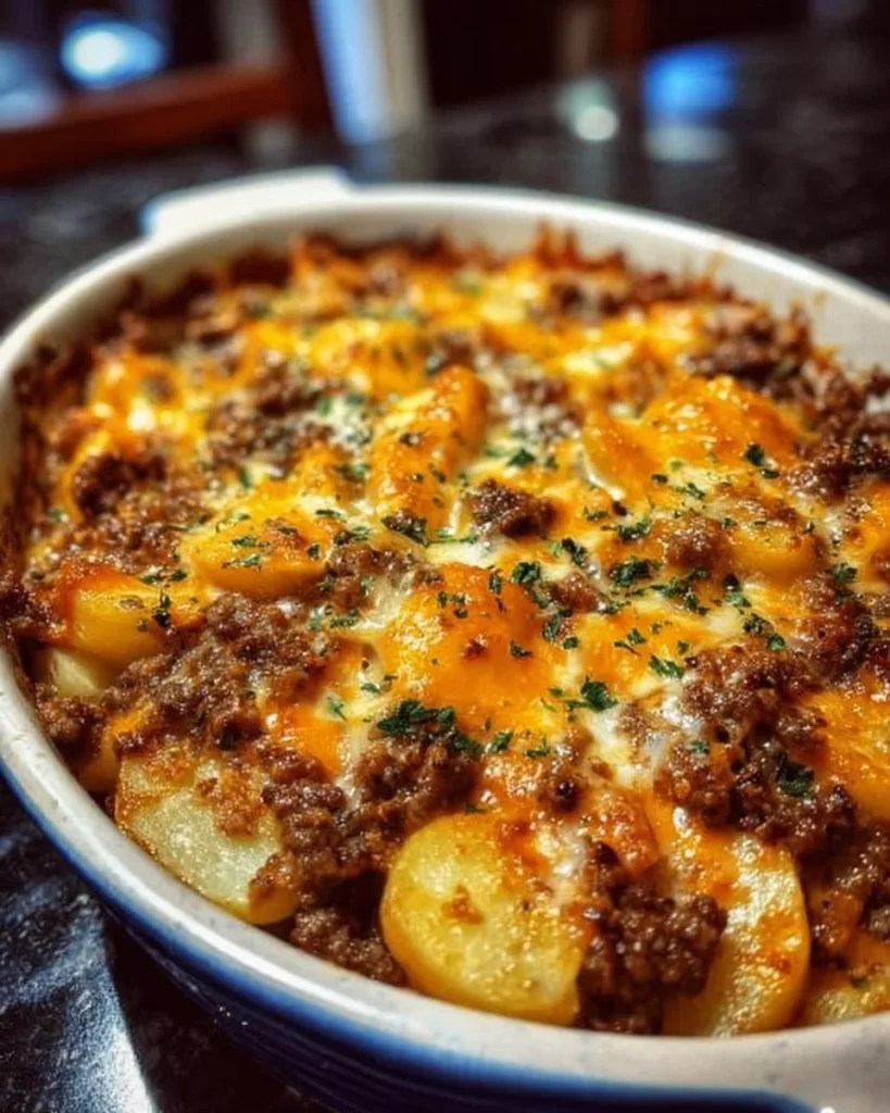 Delicious Hobo Casserole with beef, veggies, and cheese in a baking dish.