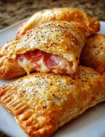 Homemade cheesy pizza pockets baked to golden perfection on a plate.
