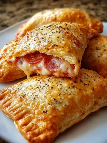Homemade cheesy pizza pockets baked to golden perfection on a plate.