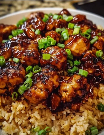 Plate of Honey BBQ Chicken Rice garnished with herbs