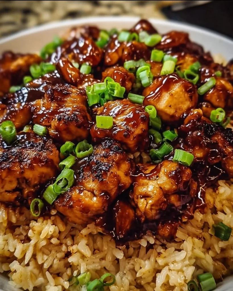 Plate of Honey BBQ Chicken Rice garnished with herbs