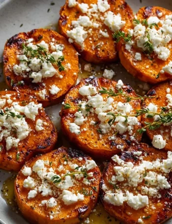 Honey Feta Sweet Potato Rounds served on a platter
