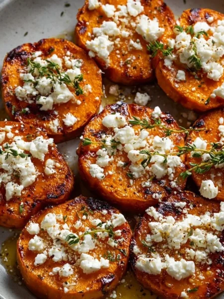Honey Feta Sweet Potato Rounds served on a platter